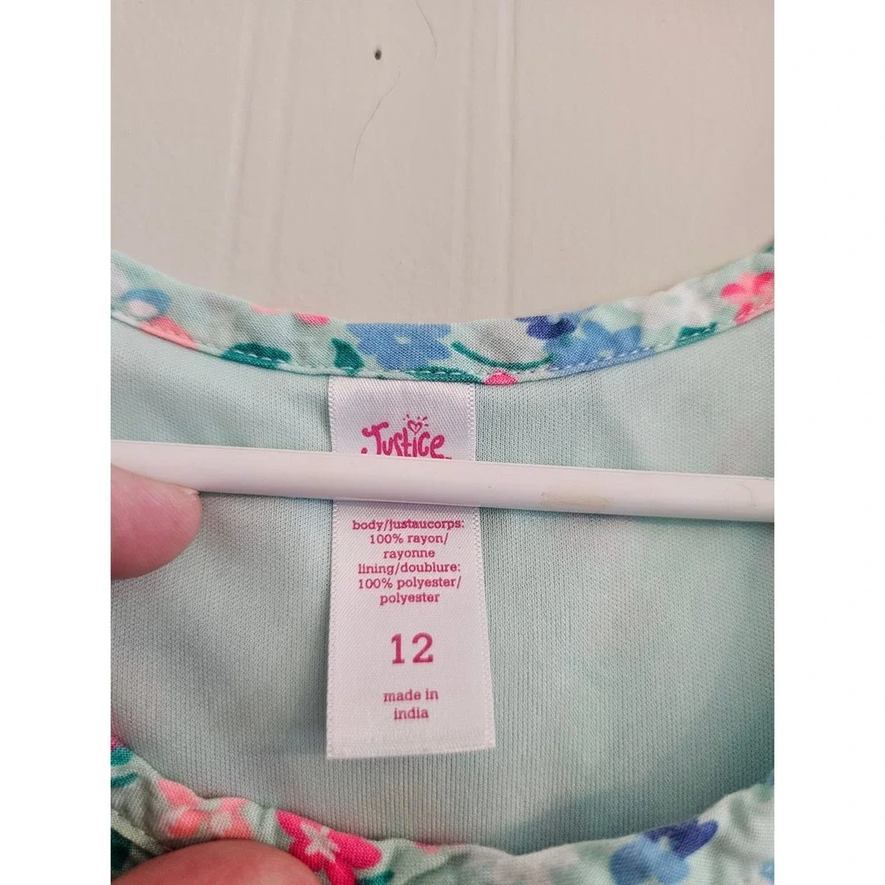 Justice Girls Floral Ruffle Tiered Dress Green Pink Blue Size 12 spring summer